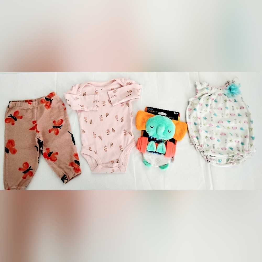 4 Piece Set Pink Floral Baby Outfits With Toy